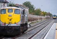 Another view of loco No.081 at Dunboyne, seen following the RPSI steam special just visible in the distance, while a 29000 Class railcar approaches the station from Pace with a morning Docklands service.