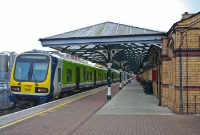 One of the then new 2900 Class diesel railcars, No.2956, stands on the rear of a southbound commuter service at Dundalk Station. These Spanish built units have since been redesignated as the 29000 Class railcars.