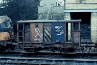 A familar sight at Dundalk Station were the transfer goods trains from the Barrack St yard on the east side of the town. These transfer goods utiilised a brakevan, such as this ex Great Northern vehicle seen been shunted here by a C Class loco No.209 in the early 1970s. ©Barry Pickup