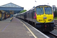 Seen appropriately carrying the &#39;Enterprise&#39; livery, 201 Class loco No.223 prepares to leave Dundalk with a morning Dublin to Belfast service.