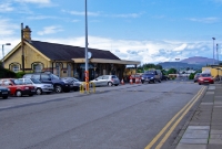 This is the booking office at Dundalk, as viewed from the elevated forecourt. In the distance is the &#39;Slieve Gullion&#39; mountain.