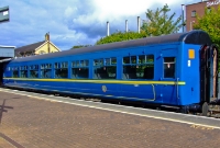 The 1963 built Craven coach No.1541, seen repainted in the RPSI&#39;s latest own livery of light blue, at Dundalk Station. The rest of the fleet, some of which remain in the Irish Rail black &#38; orange livery, will gradually be repainted.