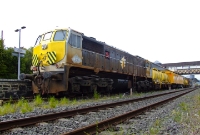 On a much quieter day at Dundalk Station, 071 Class loco No.071 rests in the former southern bay platform at Dundalk Station while operated Irish Rail&#39;s annual weed spraying train.