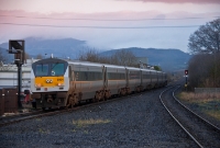 De Dietrich DVT No.9004 is seen at the north end of Dundalk on the rear of a departing &#39;Enterprise&#39; service from Dublin to Belfast. The loco was 201 Class No.230.