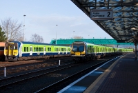 2800 and 29000 Class diesel railcars are seen stabled in the sidings on the &#39;down&#39; side of Dundalk Station. The nearest, No.29426, would shortly operate a morning service to Dublin.