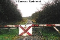 Durrow level crossing, looking back west towards the station showing the disused track in situ in 1996. The crossing gate remains, albeit battered. It has since been removed. ©Eamonn Redmond