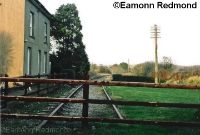 This is the level crossing just east of Durrow Station, seen in 1996 when the track was still in situ. This view is looking east towards Waterford, with the gate keepers house on the left. ©Eamonn Redmond
