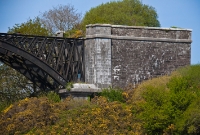 The large bridge abutment at the eastern end of the Chetwynd Viaduct. The railway embankment on the approach to the viaduct has been removed. The decking on the bridge itself was removed in the 1970s.