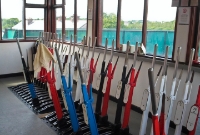 The now redundant lever frame within Westport signal cabin. The structure is particularly tall to allow visibility over the adjacent footbridge.