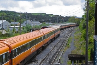 Westport, looking east towards Dublin. A rake of Mk2 stock with an 071 Class loco at the head, form an Irish Railway Record Soicety special, seen stabled at the former cattle loading bank.