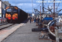 In September 1981, 001 Class loco No.030 leads a rake of bagged fertilizer wagons along the quay at Wexford, heading for the South Wexford line. Before the quay was redeveloped, the boom masts of adjacent ships, as well as parked cars, often blocked trains. ©Daniel McFadden