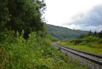 A view down the Vale of Avoca from the end of the up platform at Woodenbridge. There were once sidings and a turntable on the left, now quite overgrown.